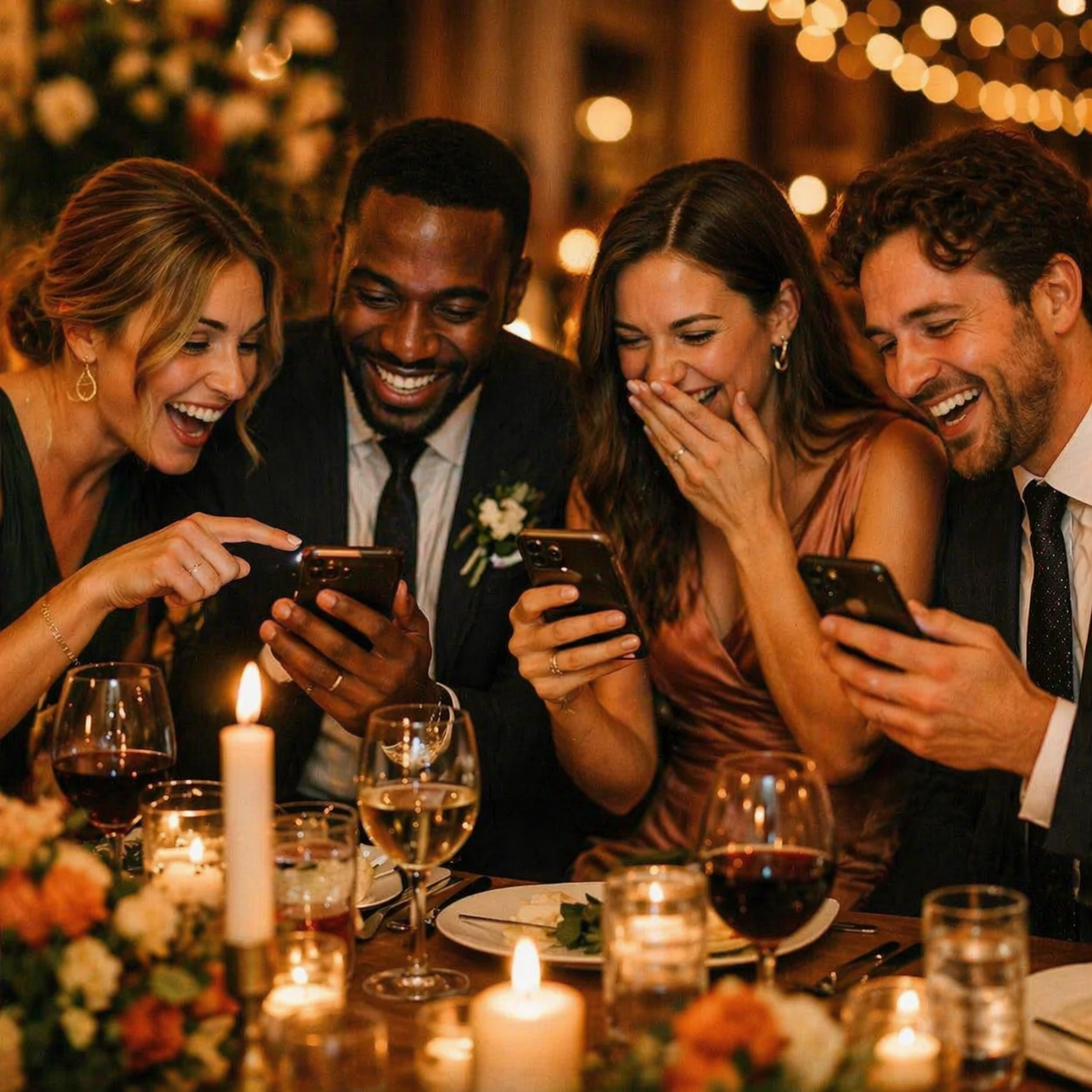 Wedding guests laughing and playing the get2know quiz together