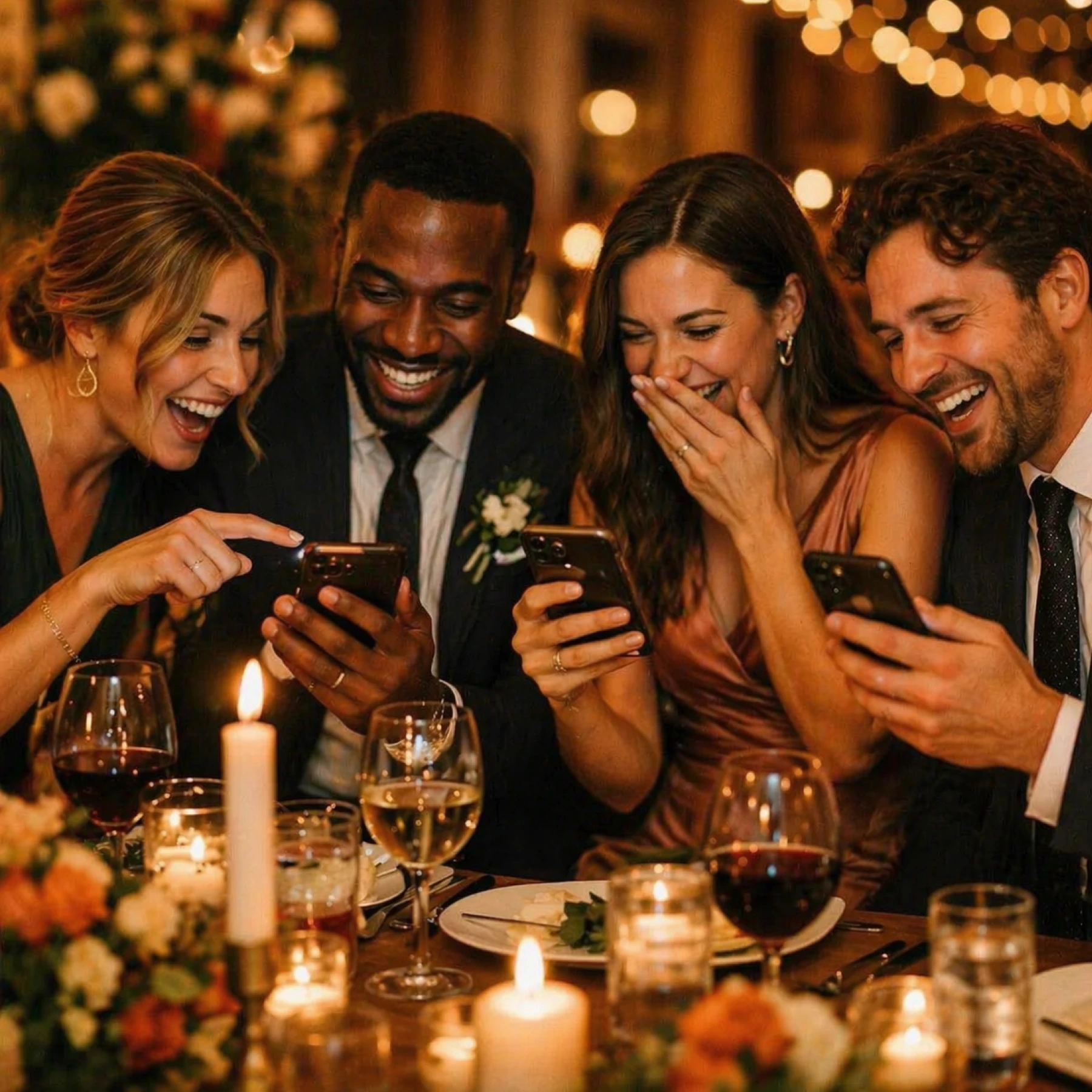 Wedding guests laughing and playing the get2know quiz together